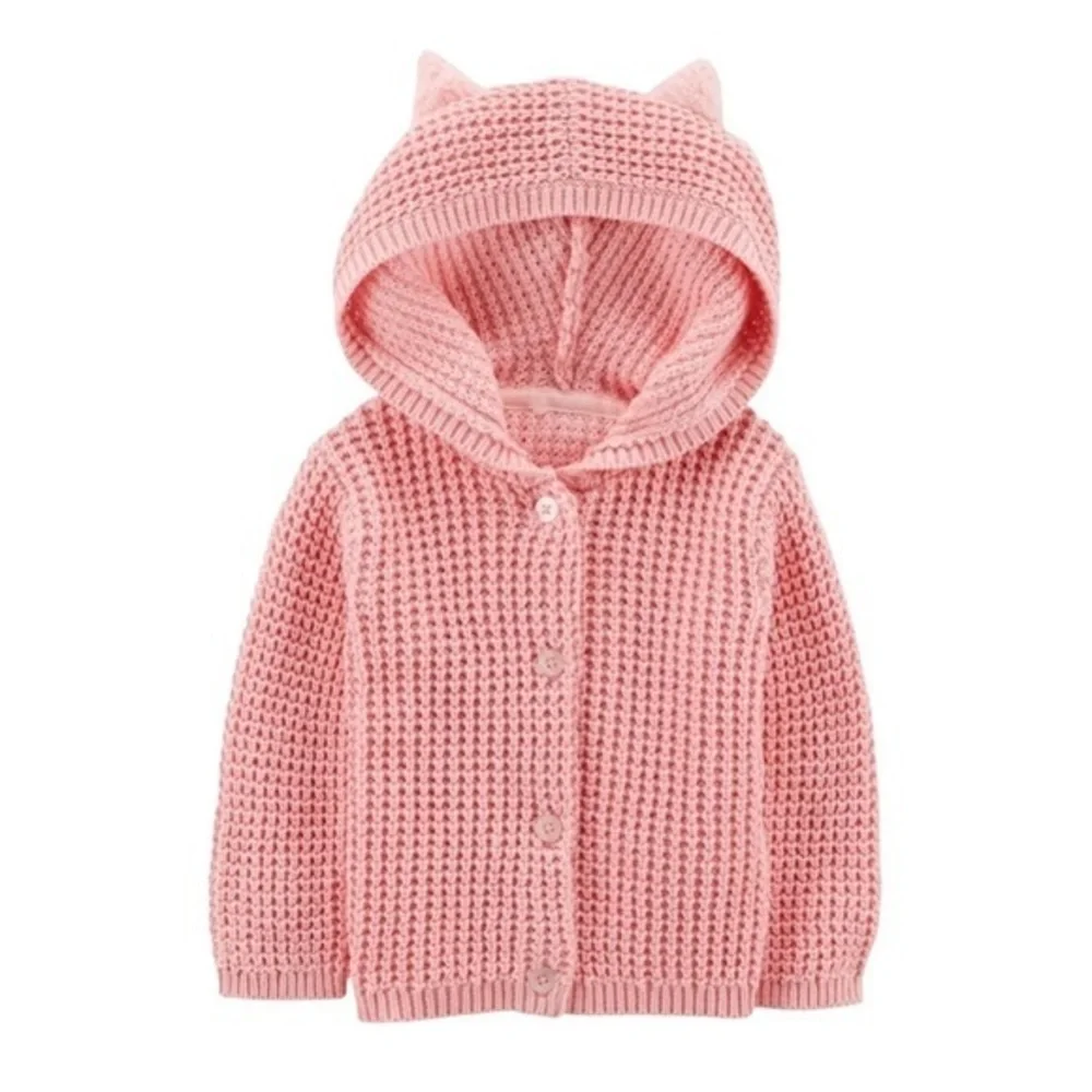 Carter’s Pink Chunky Knit Sweater Cardigan With Cat Ears Size 6 Months